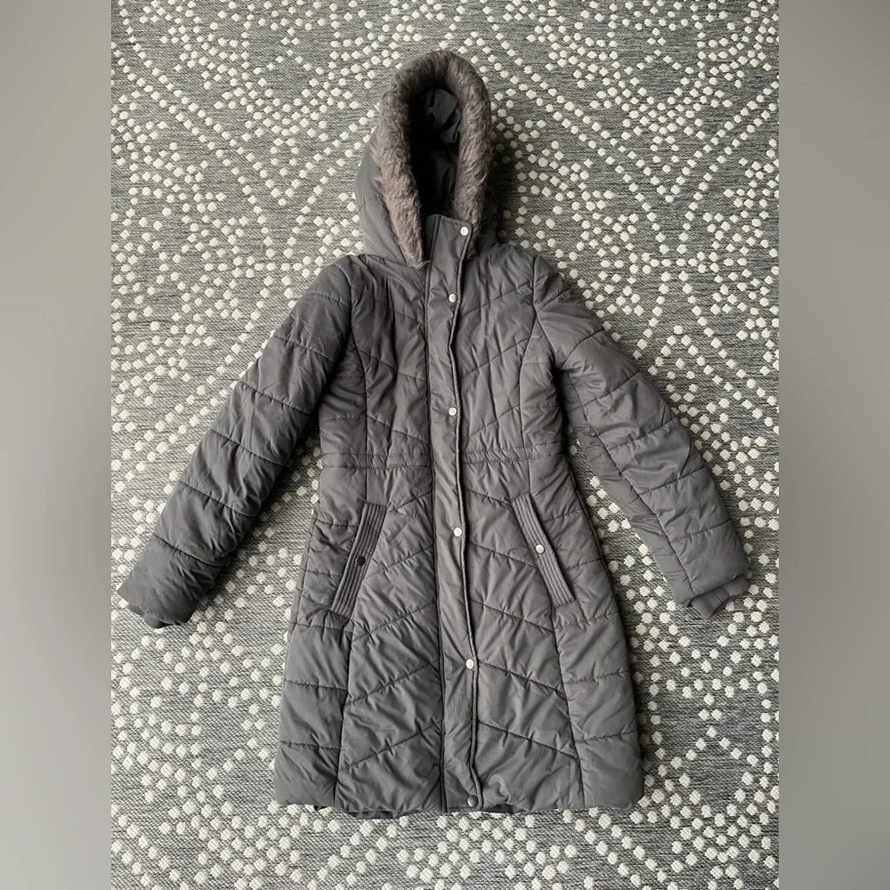 A New Day Parka Coat Jacket Fur Hood Small pewter gray grey quilted puffer zip - Picture 1 of 13